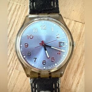 Swatch Blue dial brown strap, Blue Choco classic watch NEW BATTERY